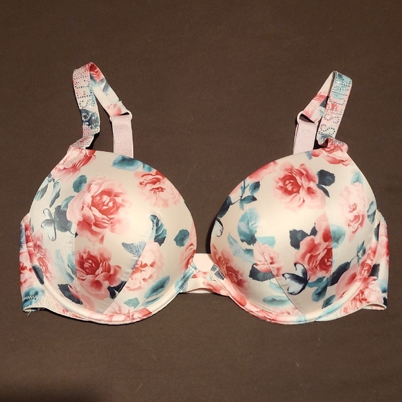 34D? Victoria's Secret SPARKLE LOGO STRAPS Padded Push UP Floral Print Bra - Picture 1 of 5